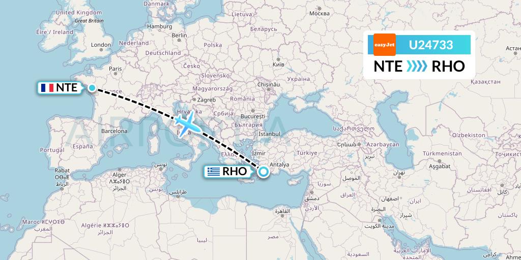 U24733 EasyJet Flight Map: Nantes to Rhodes