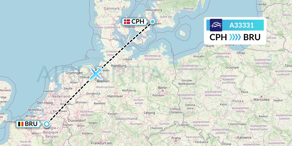 A33331 Aegean Airlines Flight Map: Copenhagen to Brussels