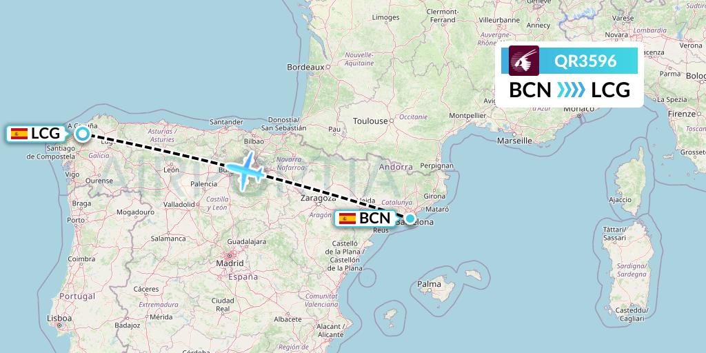 QR3596 Qatar Airways Flight Map: Barcelona to A Coruna
