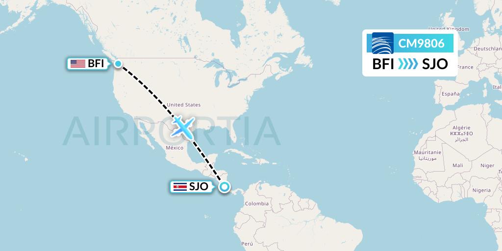 CM9806 Copa Airlines Flight Map: Seattle to San Jose