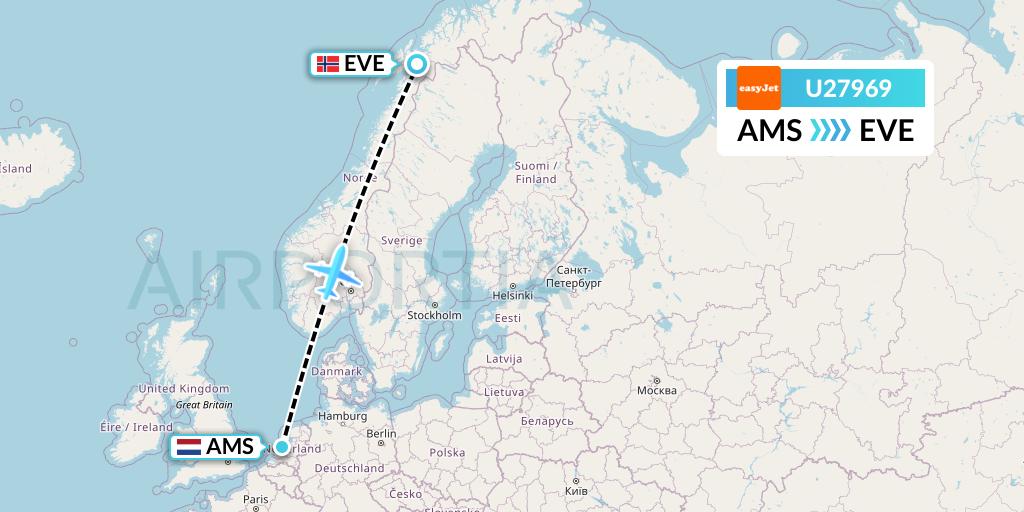 U27969 EasyJet Flight Map: Amsterdam to Harstad