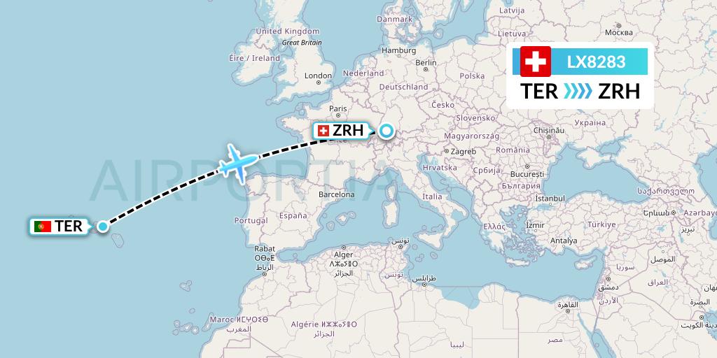 LX8283 Swiss Flight Map: Lajes to Zurich