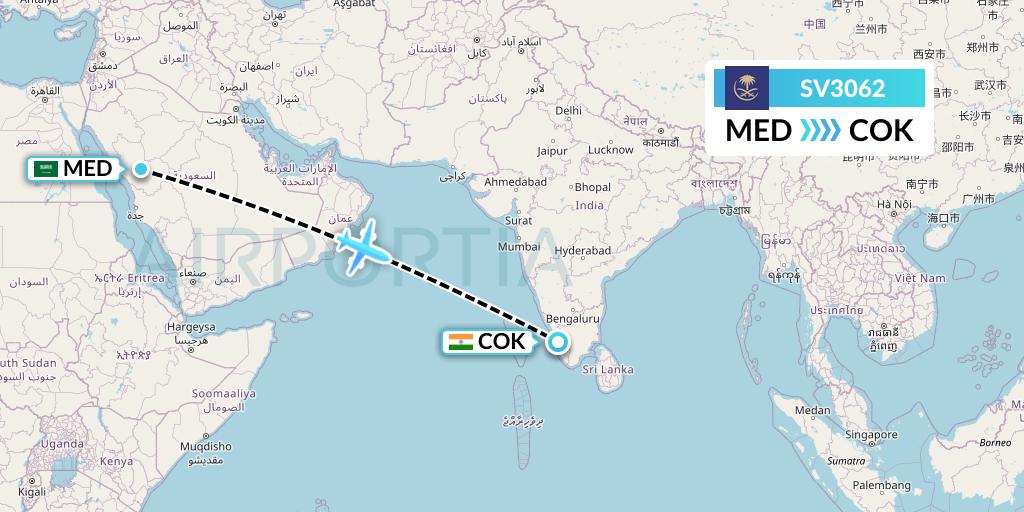 SV3062 Saudi Arabian Airlines Flight Map: Medina to Cochin