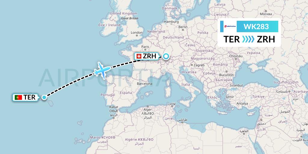 WK283 Edelweiss Air Flight Map: Lajes to Zurich