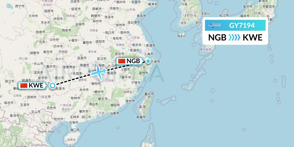 GY7194 Colorful GuiZhou Airlines Flight Map: Ningbo to Guiyang