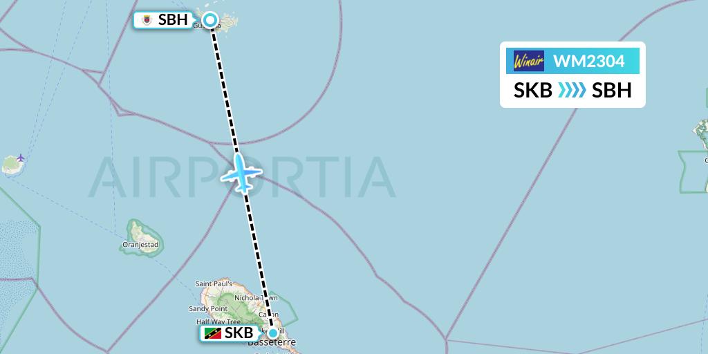 WM2304 Winair Flight Map: Basseterre to St. Jean