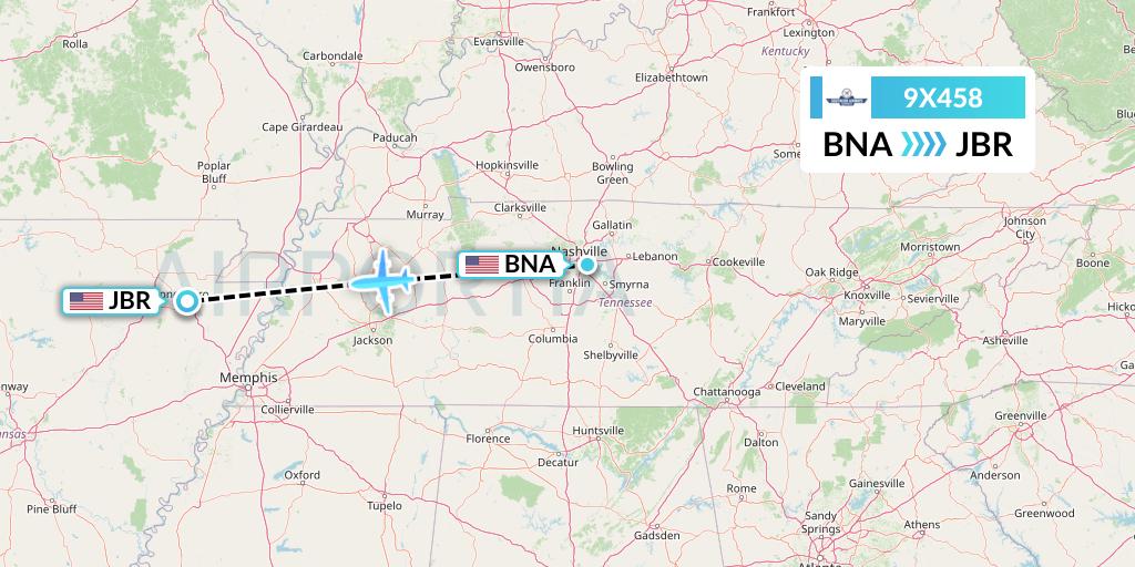 9X458 Southern Airways Express Flight Map: Nashville to Jonesboro
