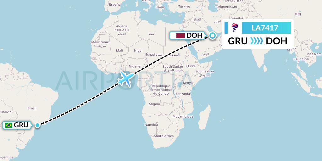 LA7417 LAN Airlines Flight Map: Sao Paulo to Doha
