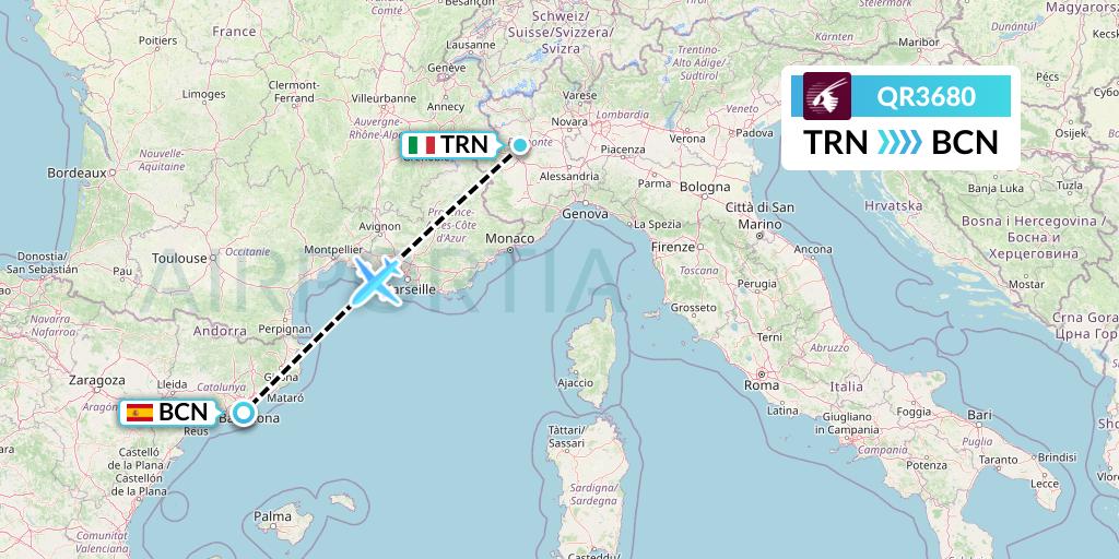 QR3680 Qatar Airways Flight Map: Turin to Barcelona