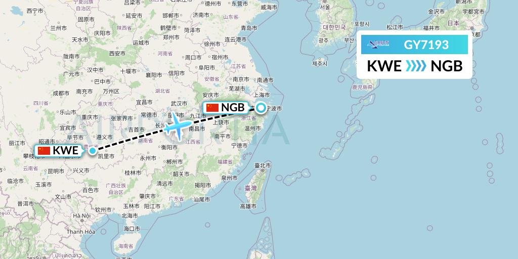 GY7193 Colorful GuiZhou Airlines Flight Map: Guiyang to Ningbo