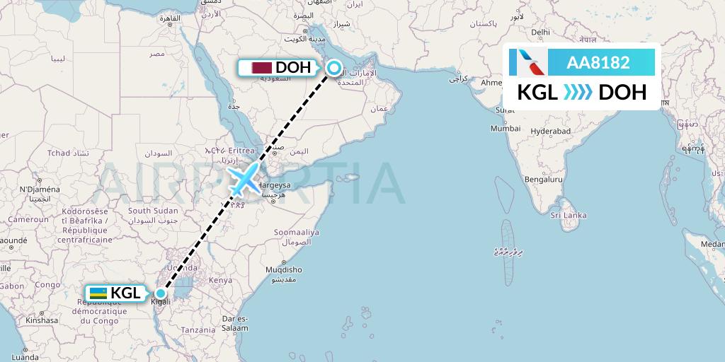 AA8182 American Airlines Flight Map: Kigali to Doha