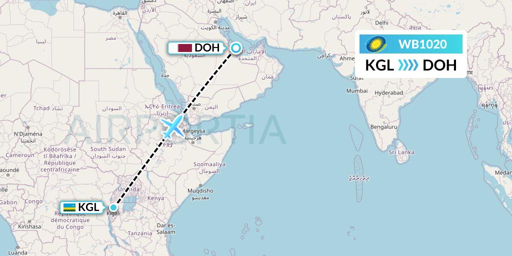 WB1020 RwandAir Flight Map: Kigali to Doha