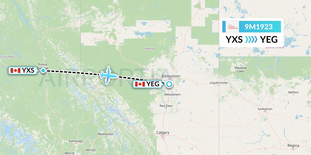 9M1923 Central Mountain Air Flight Map: Prince George to Edmonton