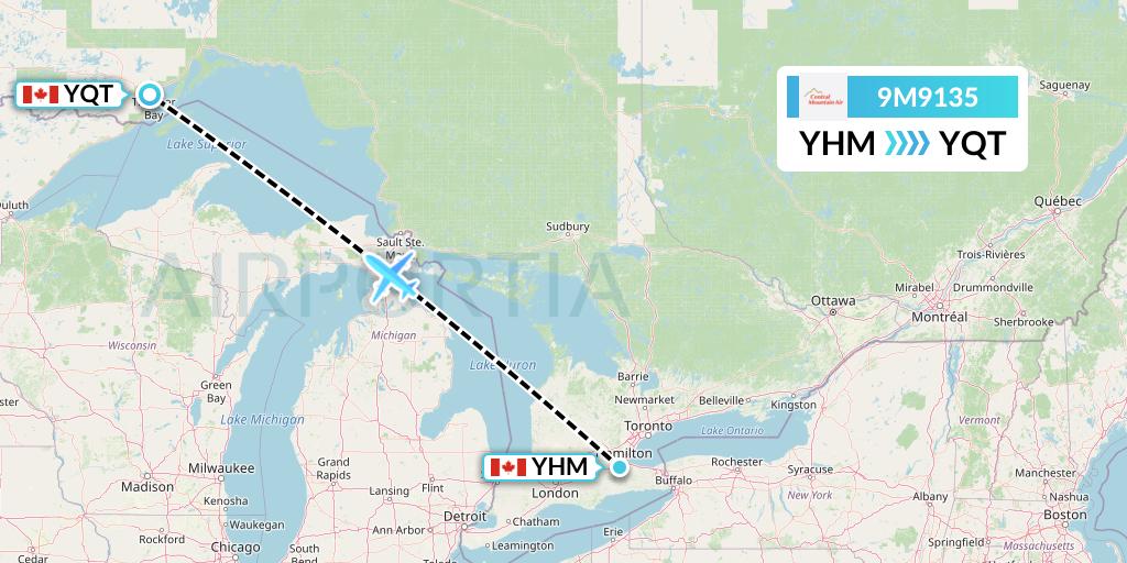 9M9135 Central Mountain Air Flight Map: Hamilton to Thunder Bay