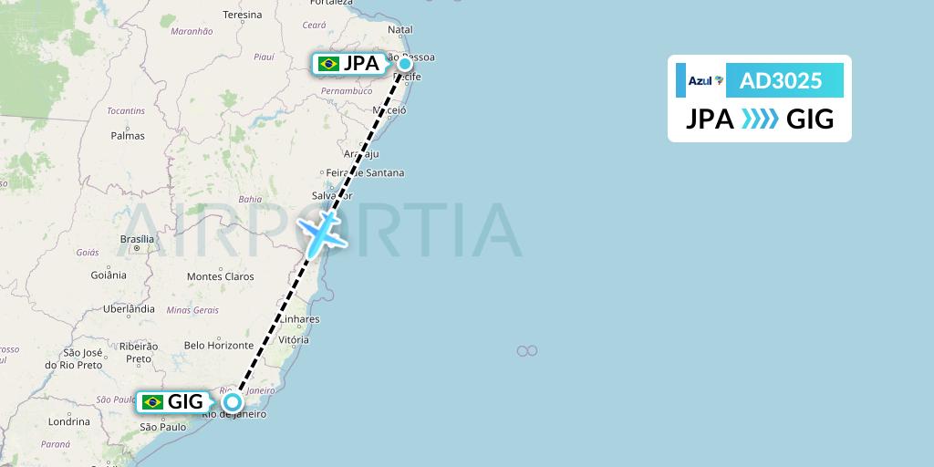 AD3025 Azul Brazilian Airlines Flight Map: Joao Pessoa to Rio de Janeiro