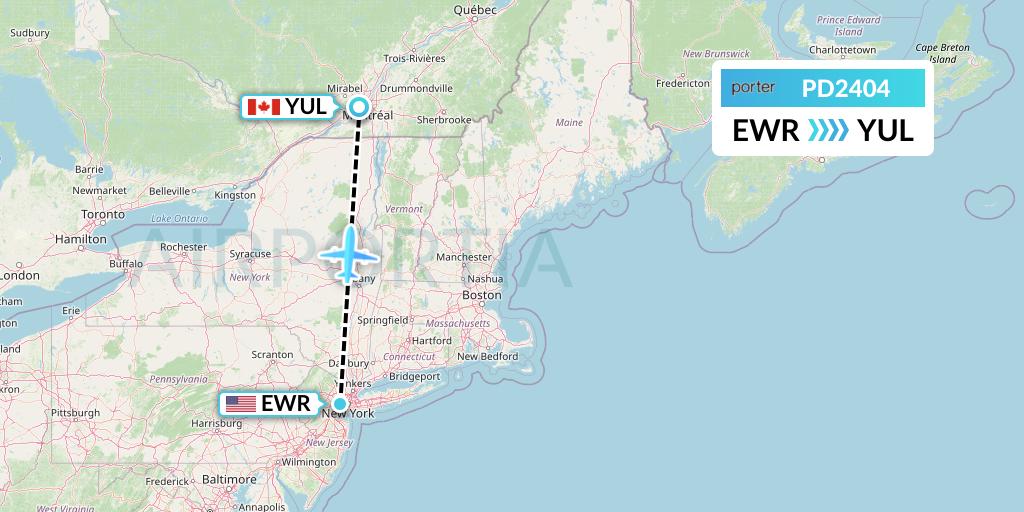 PD2404 Porter Airlines Flight Map: New York to Montreal