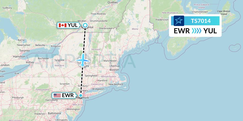 TS7014 Air Transat Flight Map: New York to Montreal