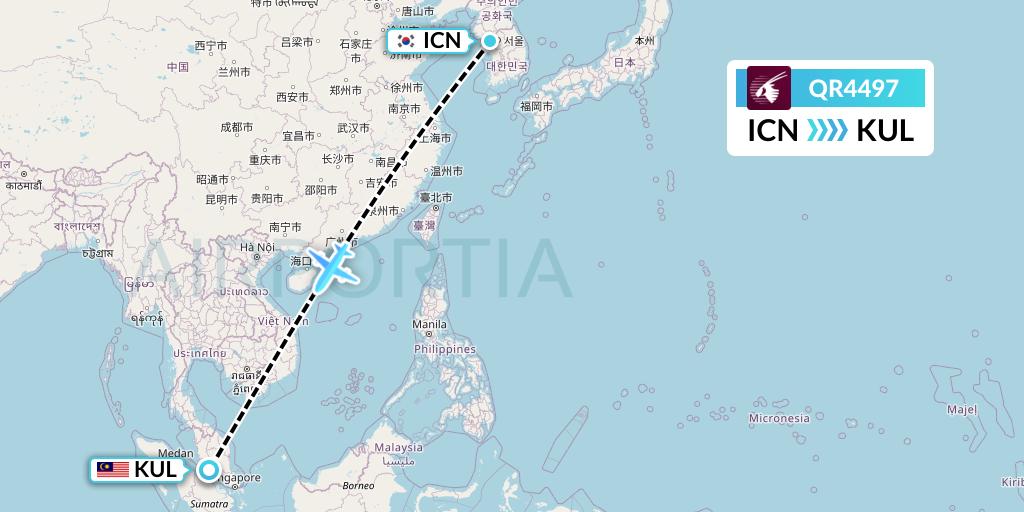 QR4497 Qatar Airways Flight Map: Seoul to Kuala Lumpur