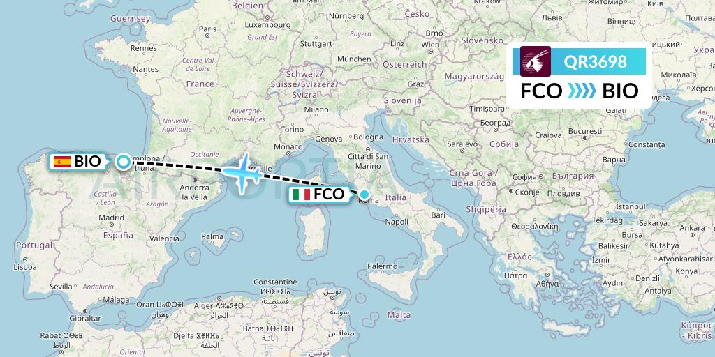 QR3698 Qatar Airways Flight Map: Rome to Bilbao