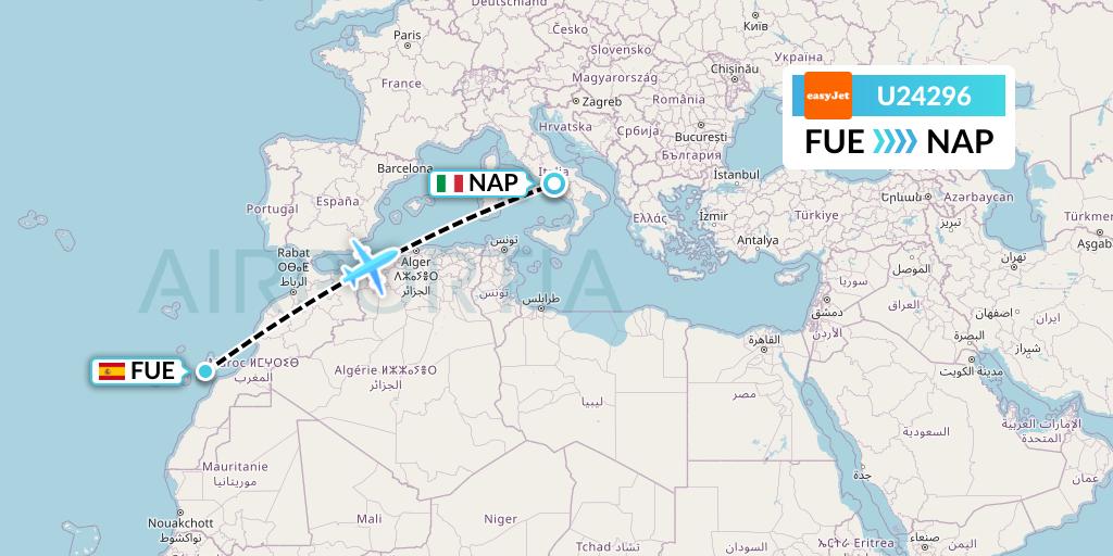 U24296 EasyJet Flight Map: Fuerteventura to Naples