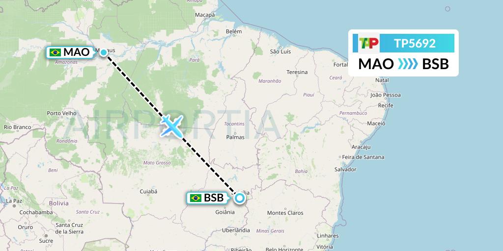 TP5692 TAP Portugal Flight Map: Manaus to Brasilia