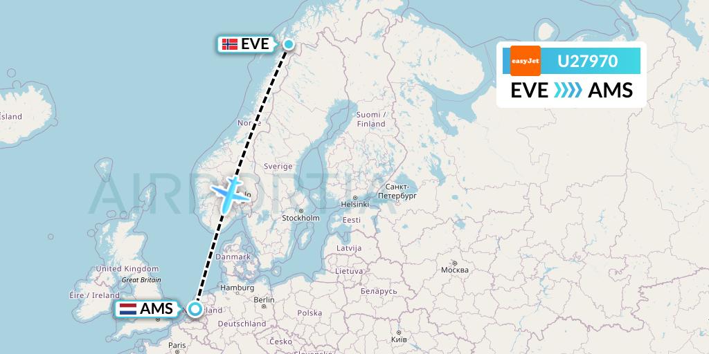 U27970 EasyJet Flight Map: Harstad to Amsterdam