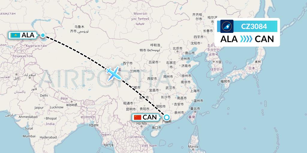 CZ3084 China Southern Airlines Flight Map: Almaty to Guangzhou