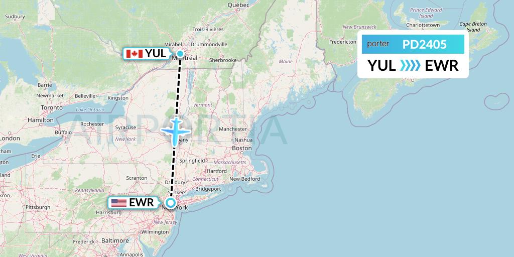 PD2405 Porter Airlines Flight Map: Montreal to New York
