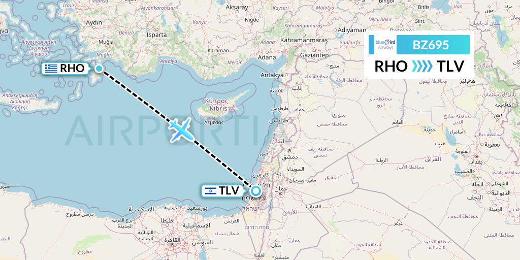 BZ695 Bluebird Airways Flight Map: Rhodes to Tel Aviv