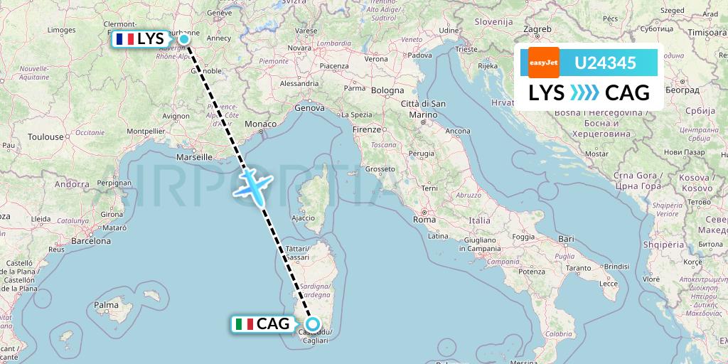 U24345 EasyJet Flight Map: Lyon to Cagliari