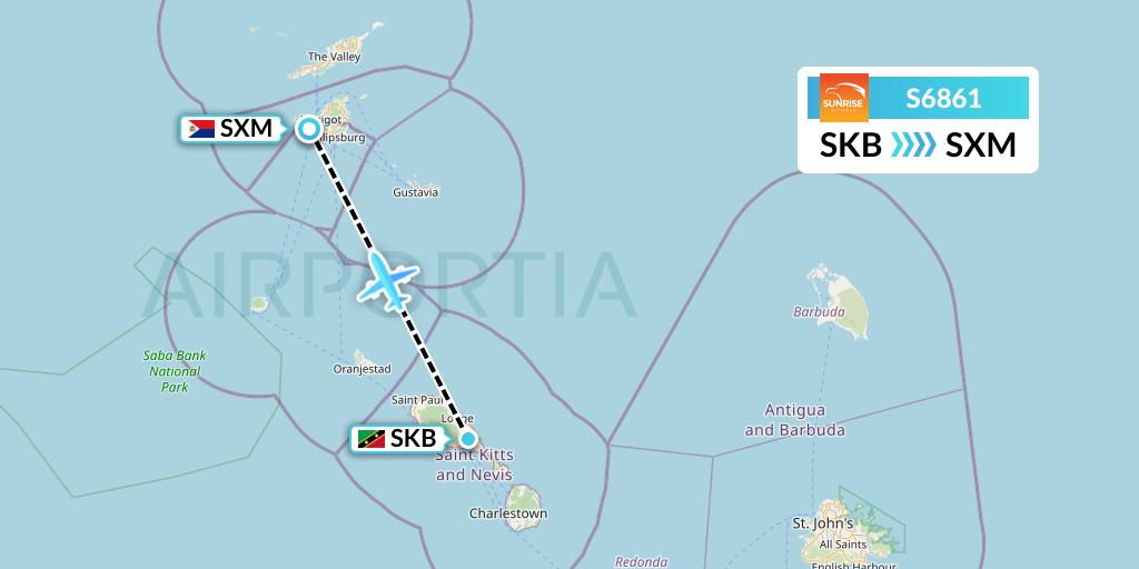 S6861 Sunrise Airways Flight Map: Basseterre to Sint Maarten