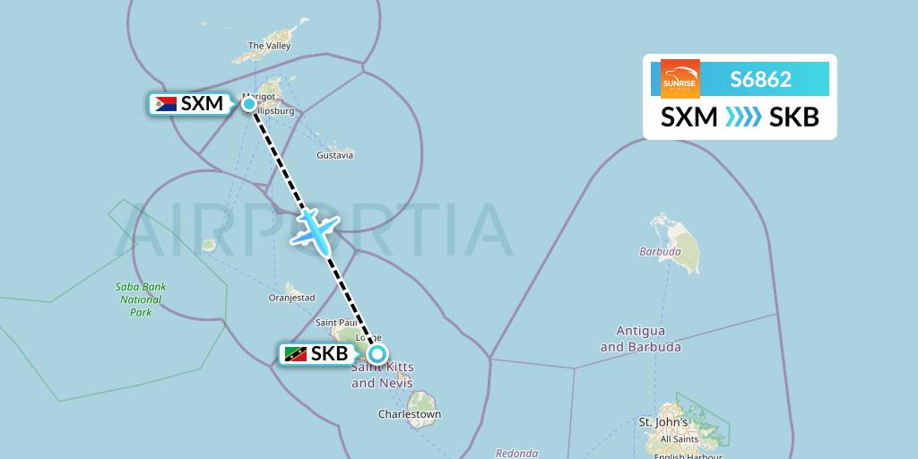 S6862 Sunrise Airways Flight Map: Sint Maarten to Basseterre
