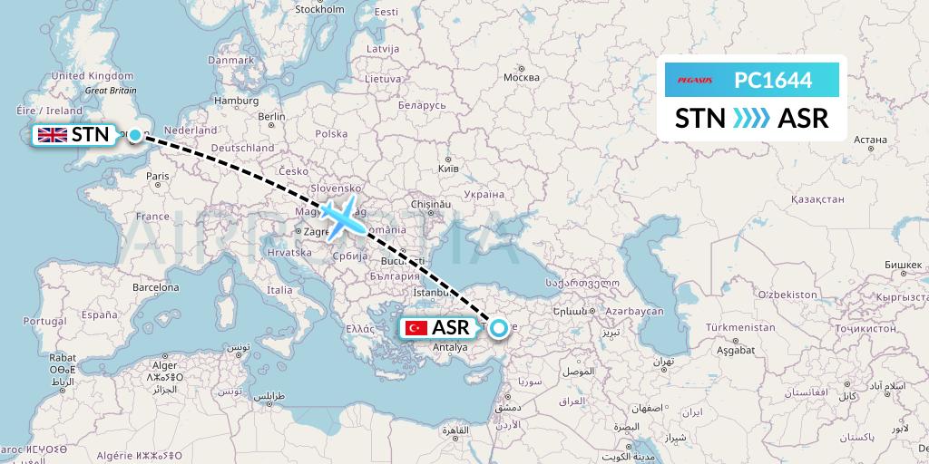 PC1644 Pegasus Airlines Flight Map: London to Kayseri