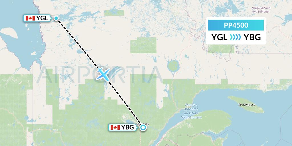 PP4500 Jet Aviation Business Jets Flight Map: La Grande Riviere to Saguenay