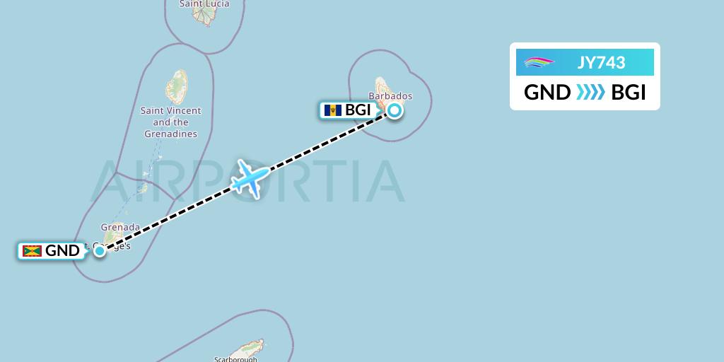 JY743 InterCaribbean Airways Flight Map: Point Salines to Bridgetown