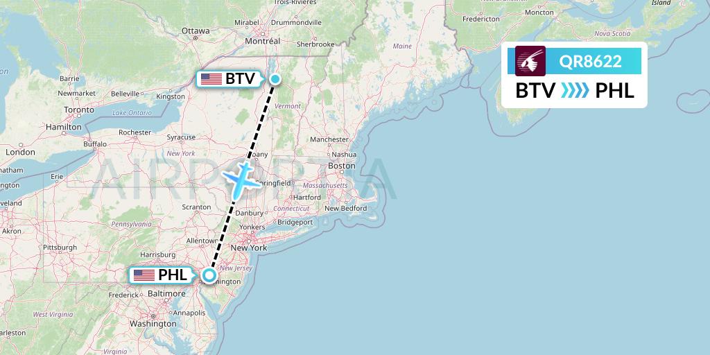 QR8622 Qatar Airways Flight Map: Burlington to Philadelphia