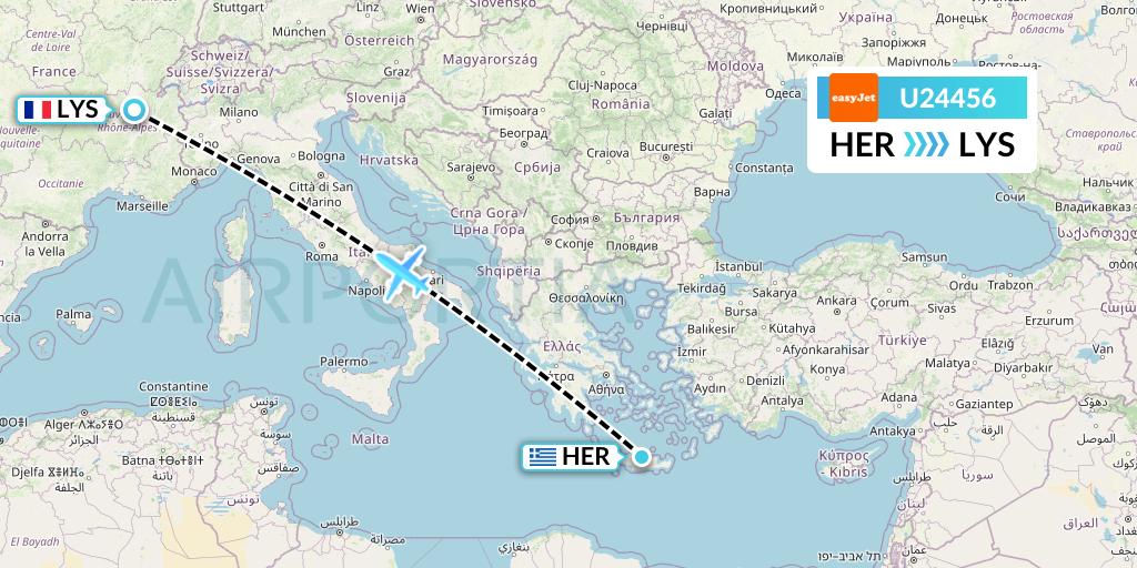 U24456 EasyJet Flight Map: Heraklion to Lyon