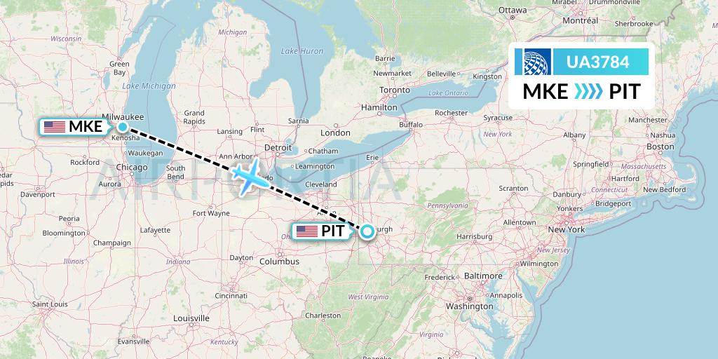 UA3784 United Airlines Flight Map: Milwaukee to Pittsburgh