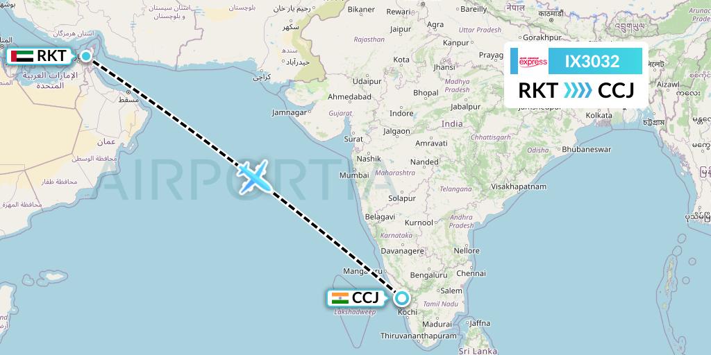 IX3032 Air India Express Flight Map: Ra'sal-Khaymah to Kozhikode