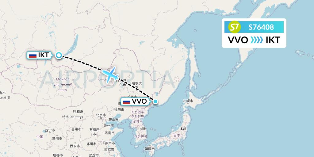 S76408 S7 Airlines Flight Map: Vladivostok to Irkutsk