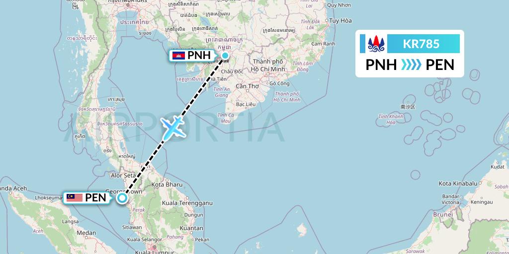 KR785 Cambodia Airways Flight Map: Phnom Penh to Penang