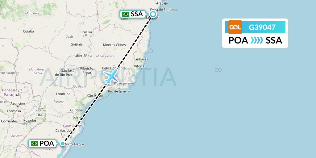 G39047 GOL Transportes Aeros Flight Map: Porto Alegre to Salvador