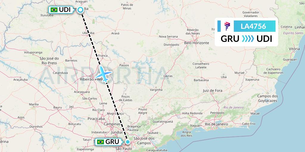 LA4756 LAN Airlines Flight Map: Sao Paulo to Uberlandia
