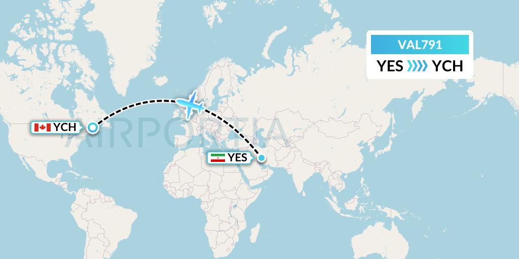 VAL791 Voyageur Airlines Flight Map: Yasouj to Miramichi