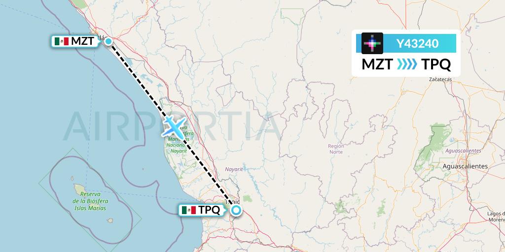 Y43240 Volaris Flight Map: Mazatlan to Tepic