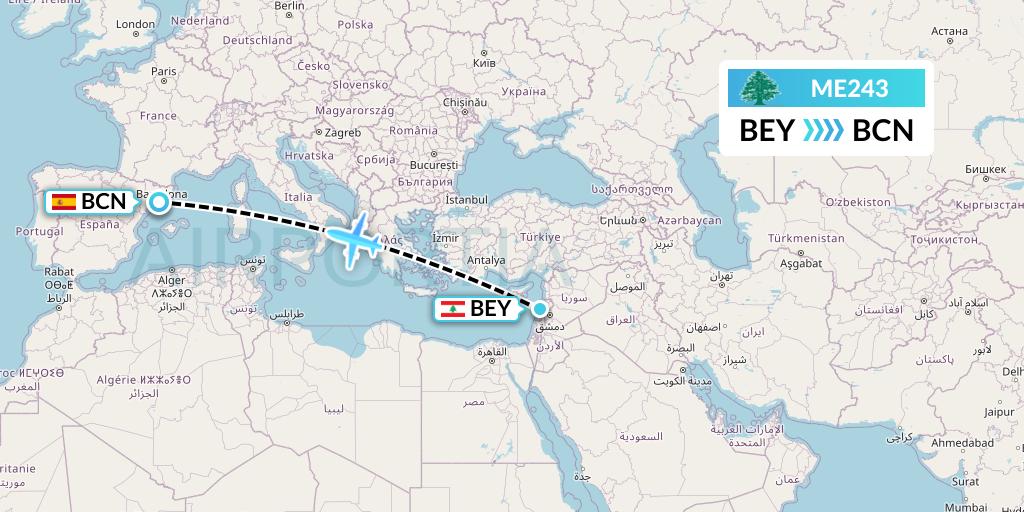 ME243 MEA Flight Map: Beirut to Barcelona