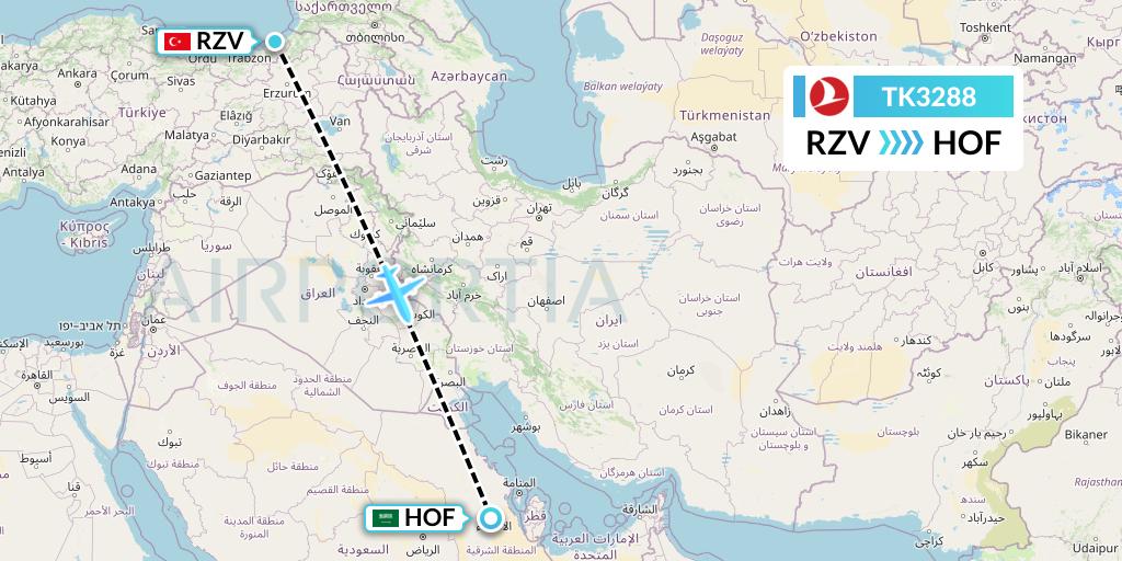 TK3288 Turkish Airlines Flight Map: Trabzon to Hofuf