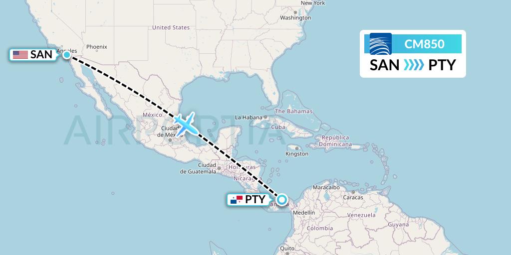 CM850 Copa Airlines Flight Map: San Diego to Panama City