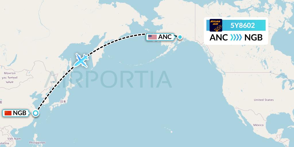 5Y8602 Atlas Air Flight Map: Anchorage to Ningbo
