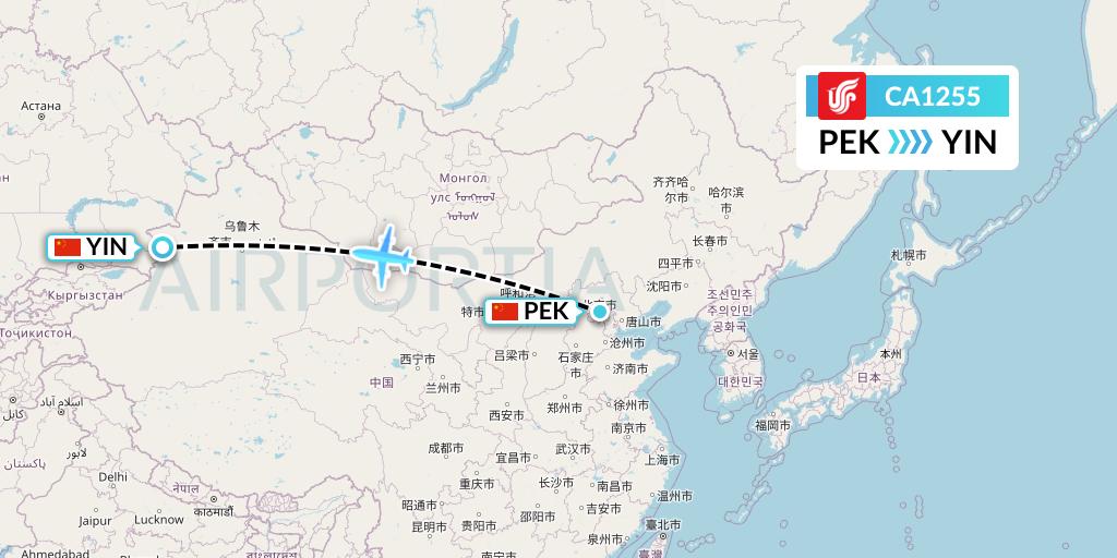 CA1255 Air China Flight Map: Beijing to Yining